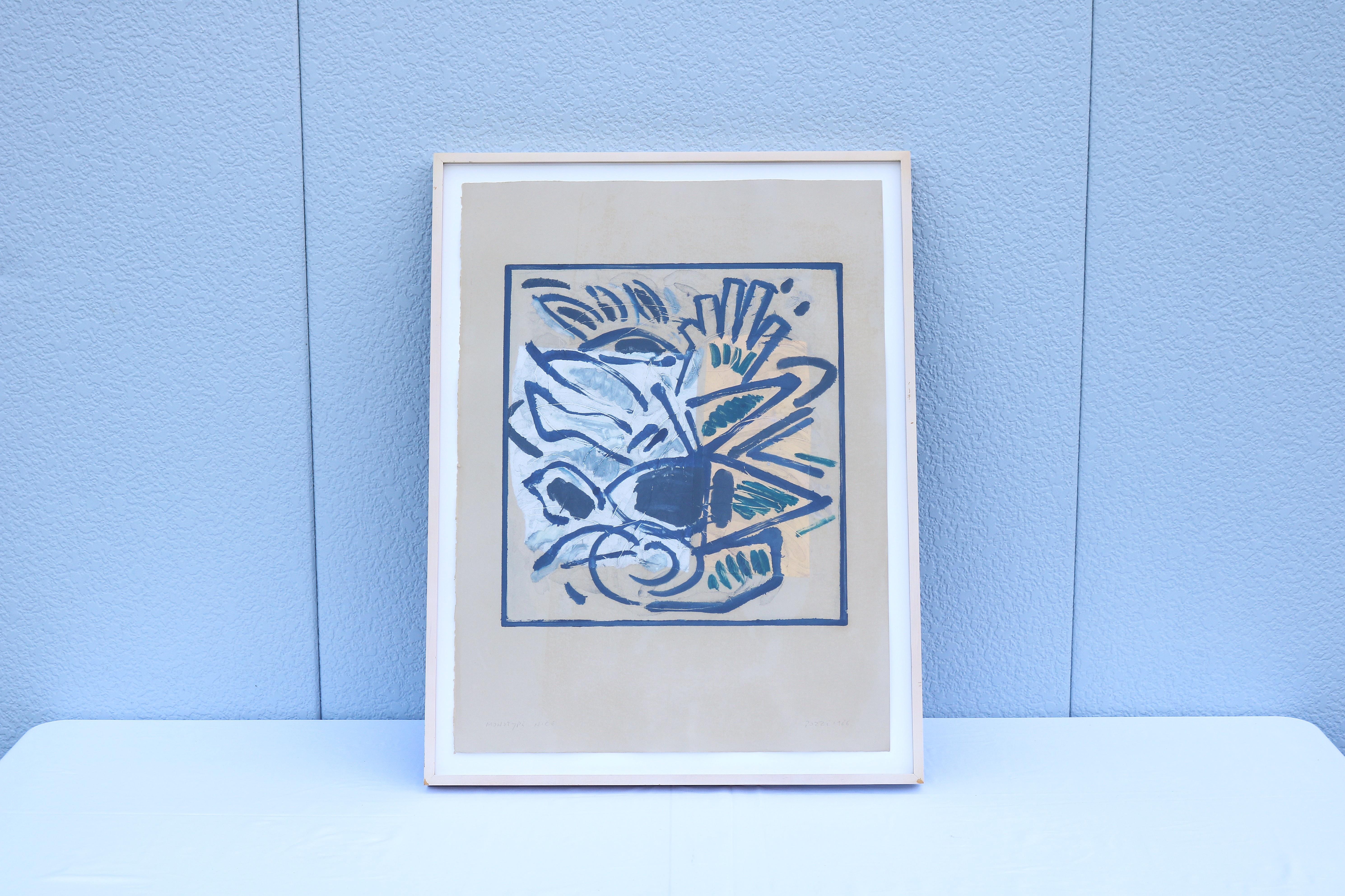 Fabulous 1986 Lucio Pozzi original one-of-a-kind gerahmt Nizza abstrakten Expressionismus Monotypie Kunstwerk, Öl auf Papier. 
Es ist vom Künstler mit Bleistift am unteren Rand signiert, datiert und betitelt.
Dieses einzigartige Kunstwerk ist ein