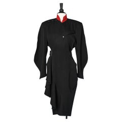 1986 "Militeuse" wrapped dress in thin wool with red collar Thierry Mugler