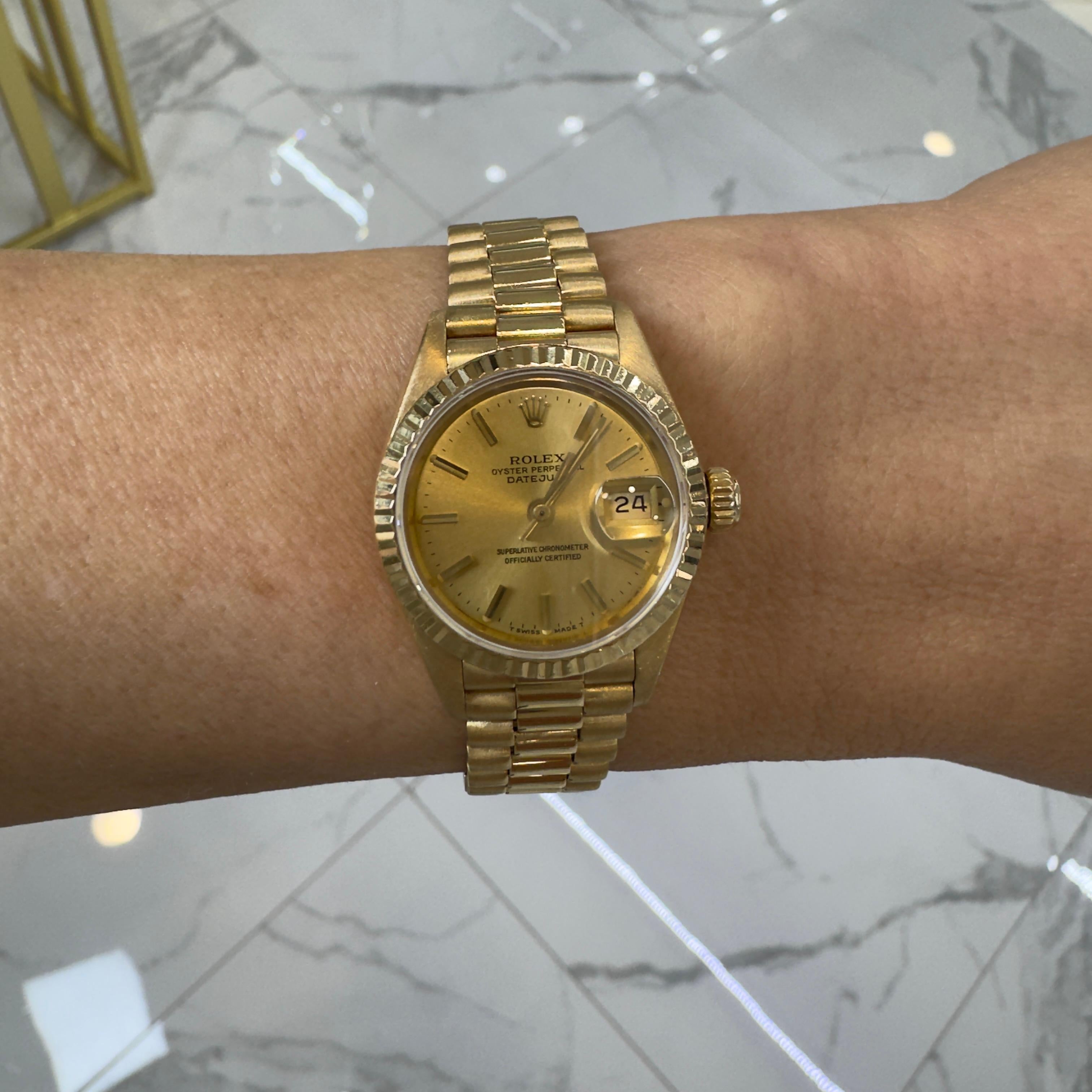 1986 Rolex Ladies Datejust 26MM 69178 Champagne Dial President Yellow Gold Watch For Sale 2