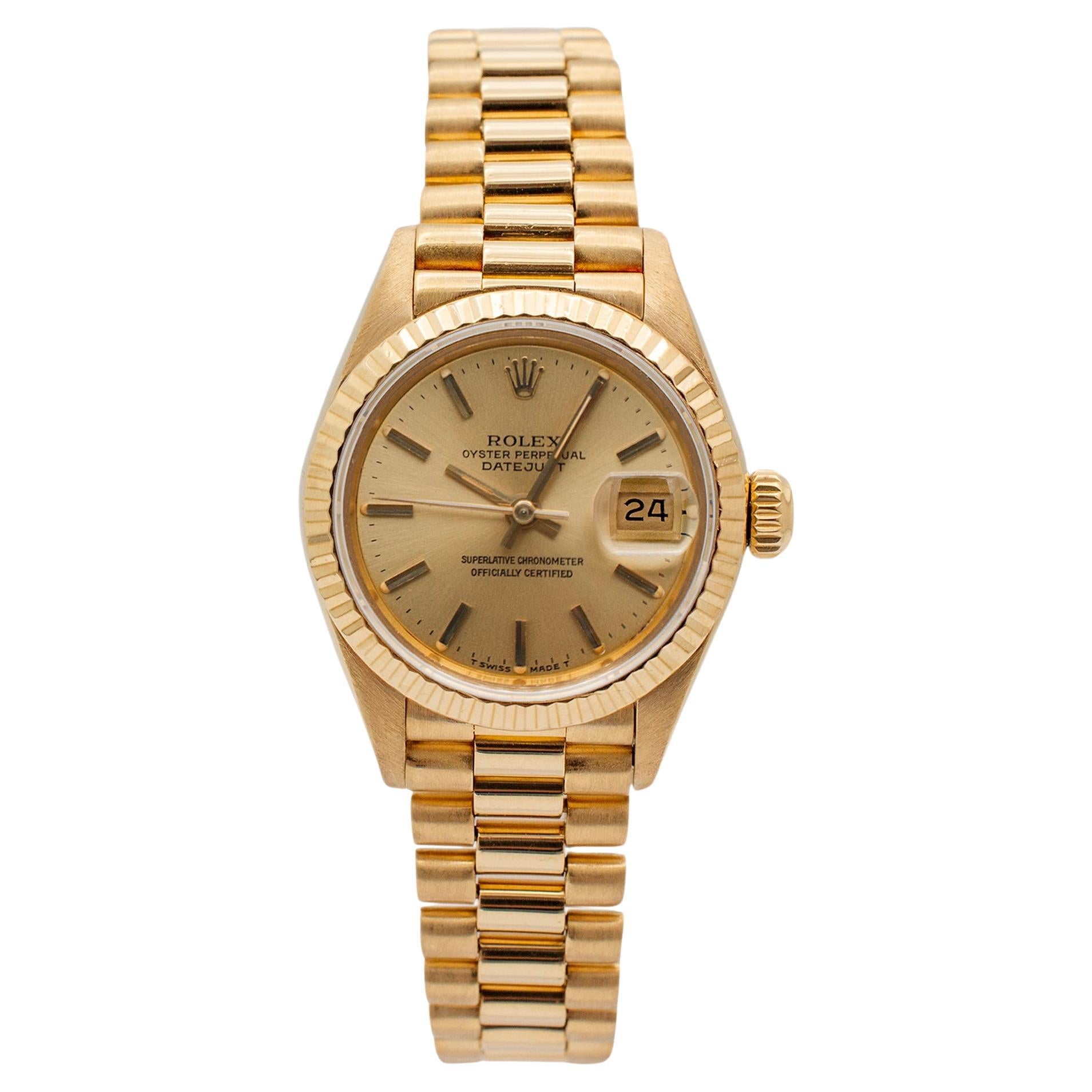 1986 Rolex Ladies Datejust 26MM 69178 Champagne Dial President Yellow Gold Watch For Sale