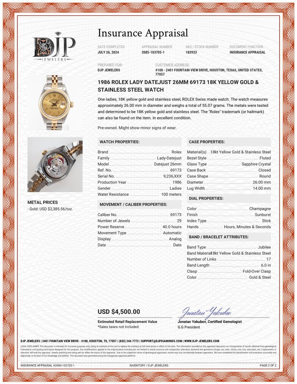 1986 Rolex Lady Datejust 26MM 69173 18K Gelbgold & Edelstahl Uhr 7