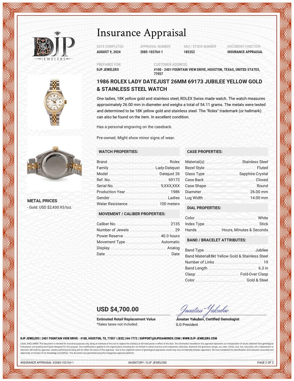 1986 Rolex Lady Datejust 26MM 69173 Jubilee Yellow Gold & Stainless Steel Watch 5