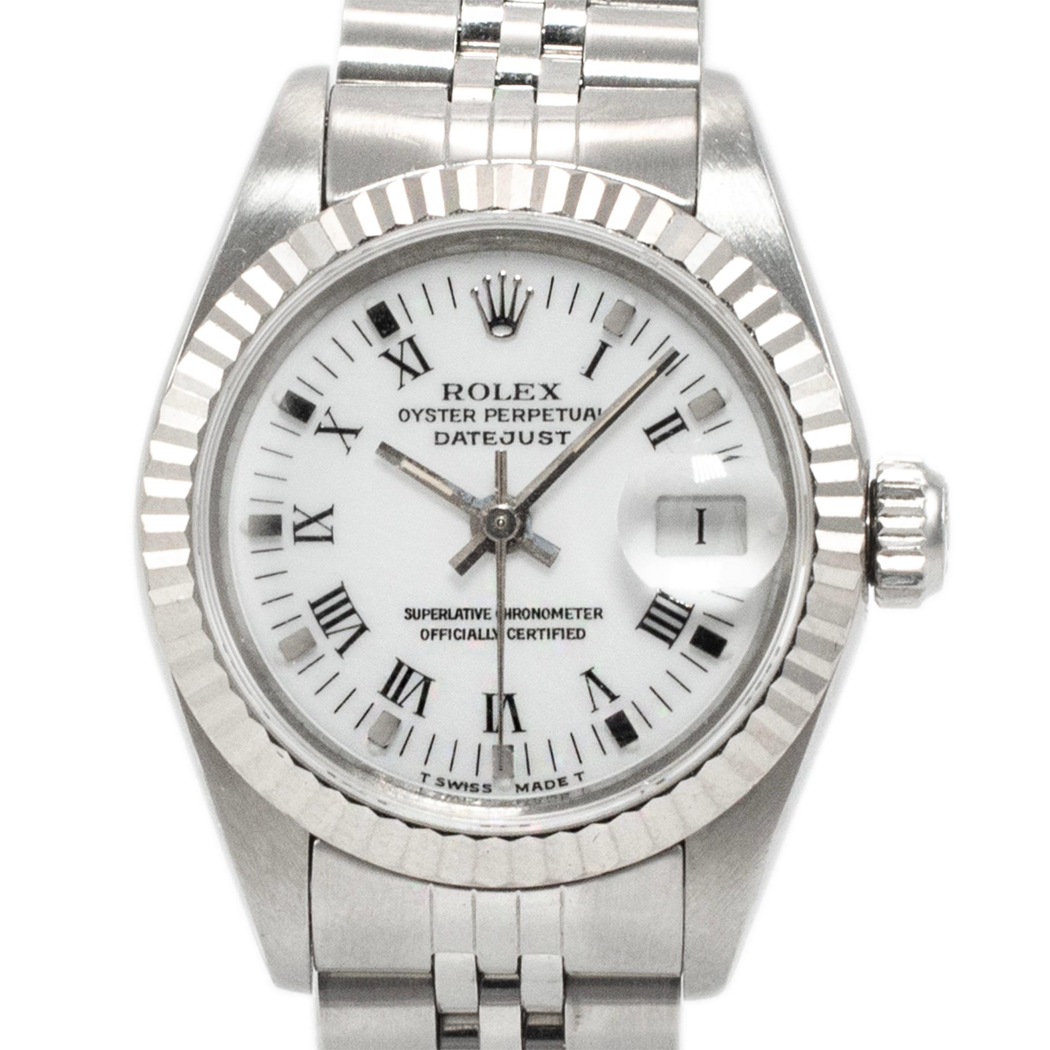 Brand: Rolex

Gender: Ladies

Diameter: 26.00 mm

Weight: 49.06 grams

Ladies Stainless Steel ROLEX Swiss-made watch. The metal was tested and determined to be stainless steel. The 