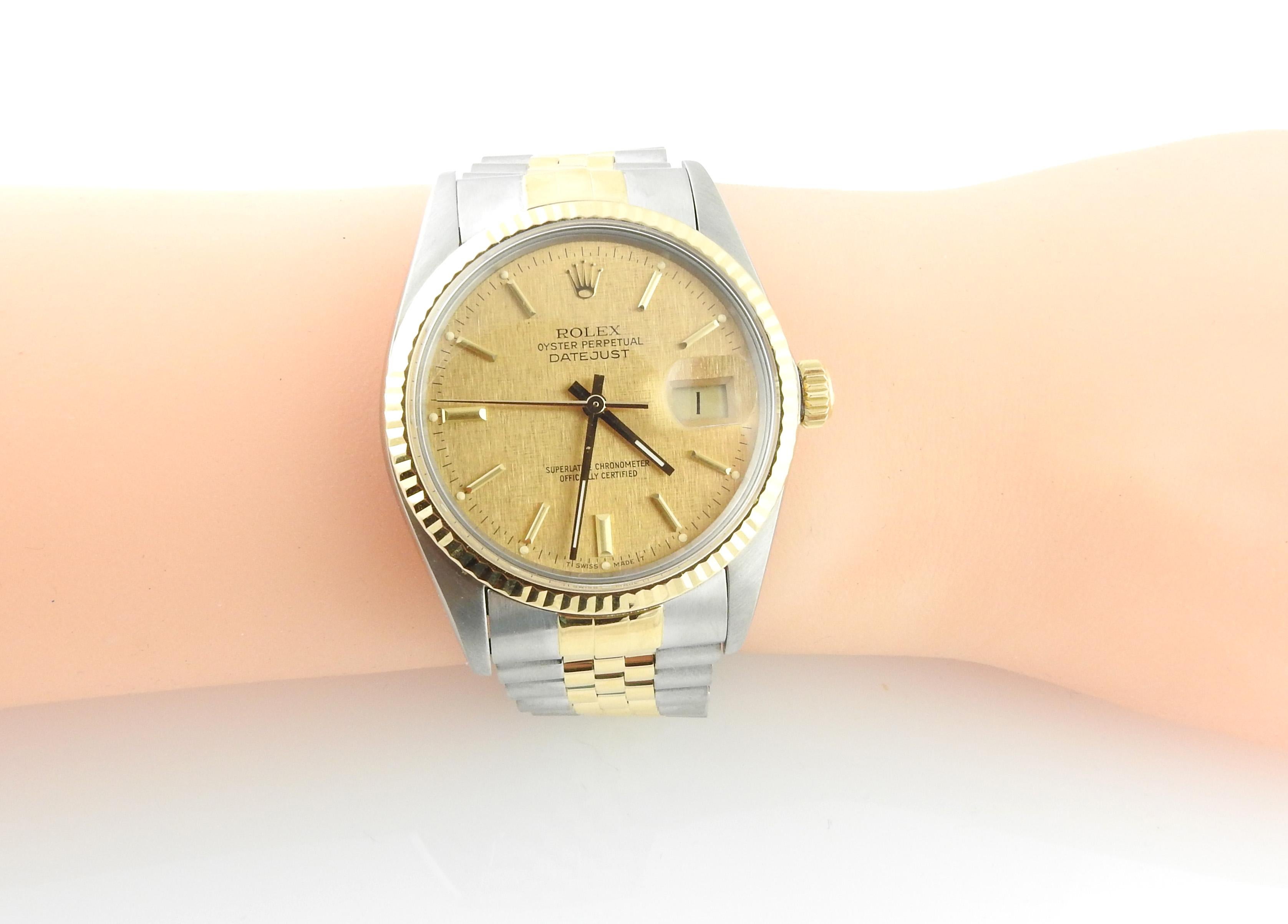 1986 Rolex Herrenuhr mit zweifarbigem Zifferblatt 16013 Gold Leinen Stick 7