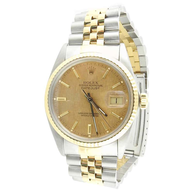 1986 Rolex Men's Two Tone Watch 16013 Gold Linen Stick Dial at 1stDibs