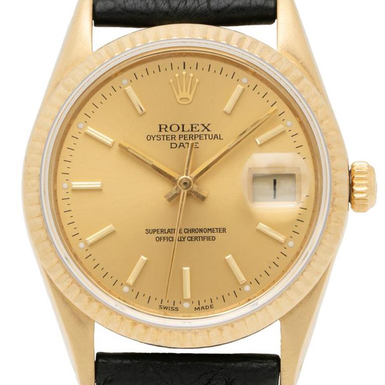 1986 Rolex Oyster Perpetual Date 14k Gold Model 15037

Additional Information:
Maker: Rolex
Model: 15037
Serial Number:  
Year: 1986
Material: 14k Yellow Gold, Original Ostrich Leather Strap
Dial: 14k Yellow Gold
Movement: Automatic
Case