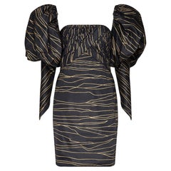 1986 Runway Chanel Gold Black Silk Dress with Detachable Puff Sleeves 1986 Runway Chanel Gold Black Silk Dress with Detachable Puff Sleeves