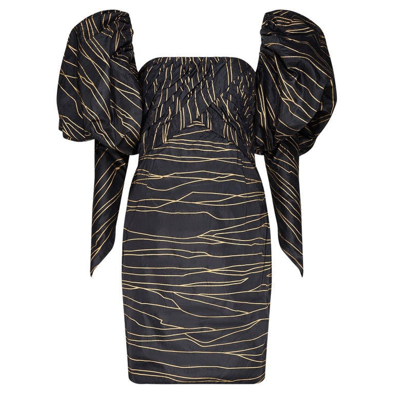 1986 Runway Chanel Gold Black Silk Dress with Detachable Puff Sleeves For  Sale at 1stDibs