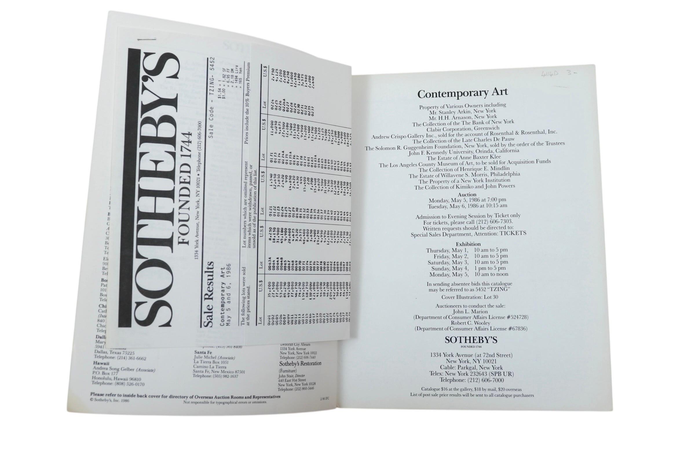 Sotheby's New York Contemporary Art Auction Catalog from May 5th and 6th, 1986. Paperback, 237 lots. Includes sales results stapled to front page.
