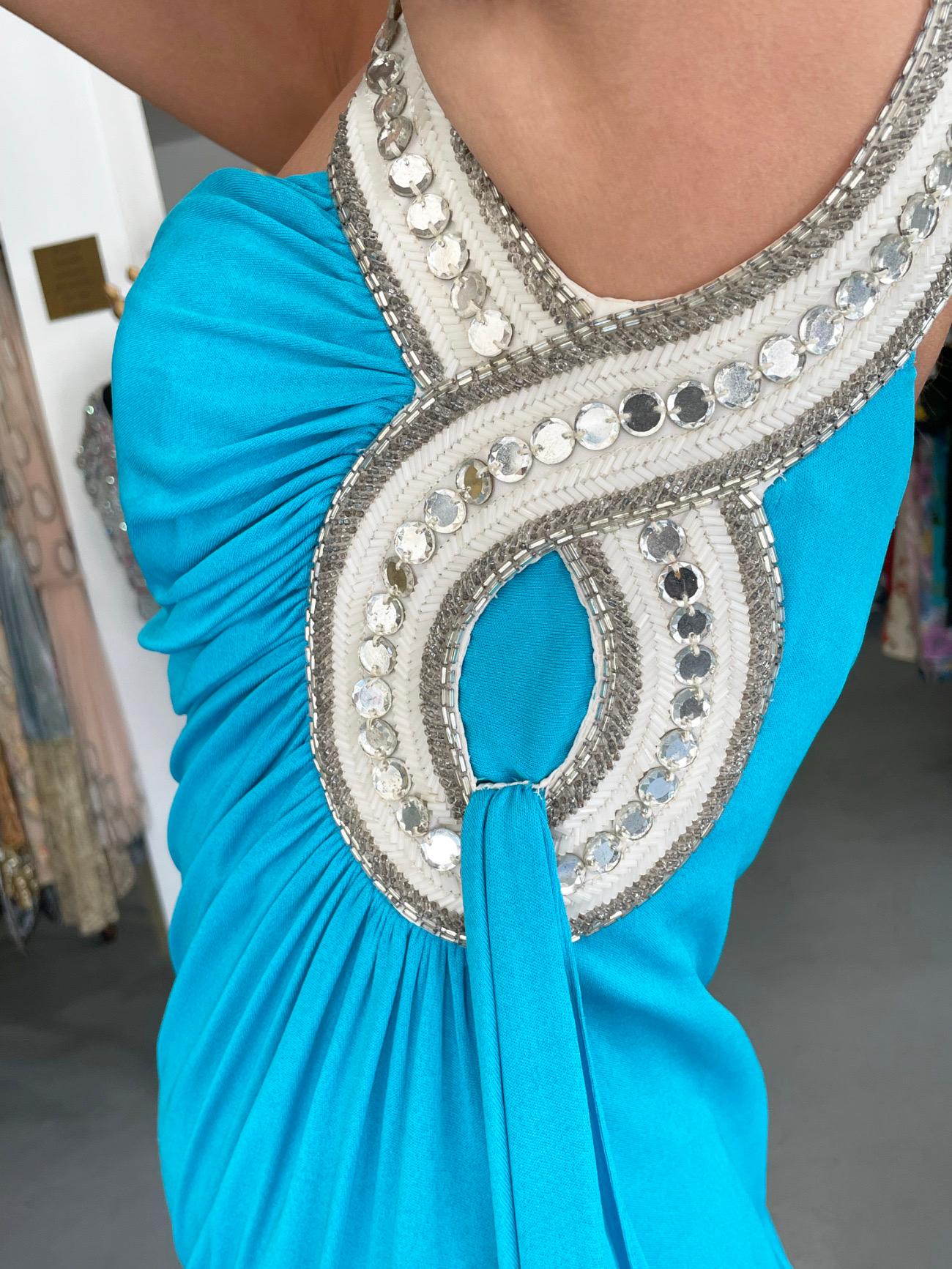 Women's 1986 Travilla Couture Whitney Houston Design Blue One-Shoulder Beaded Silk Gown For Sale