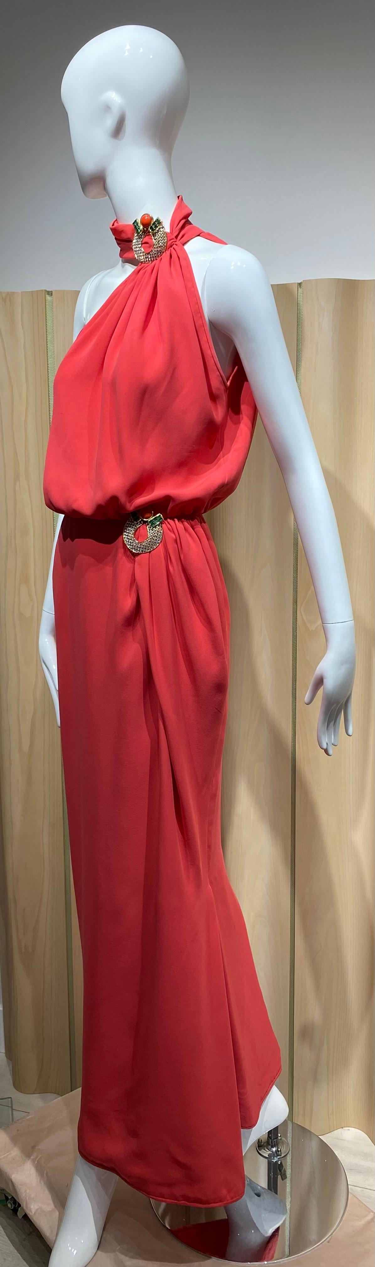 1986 Valentino Red Dress with Jeweled collar For Sale 6