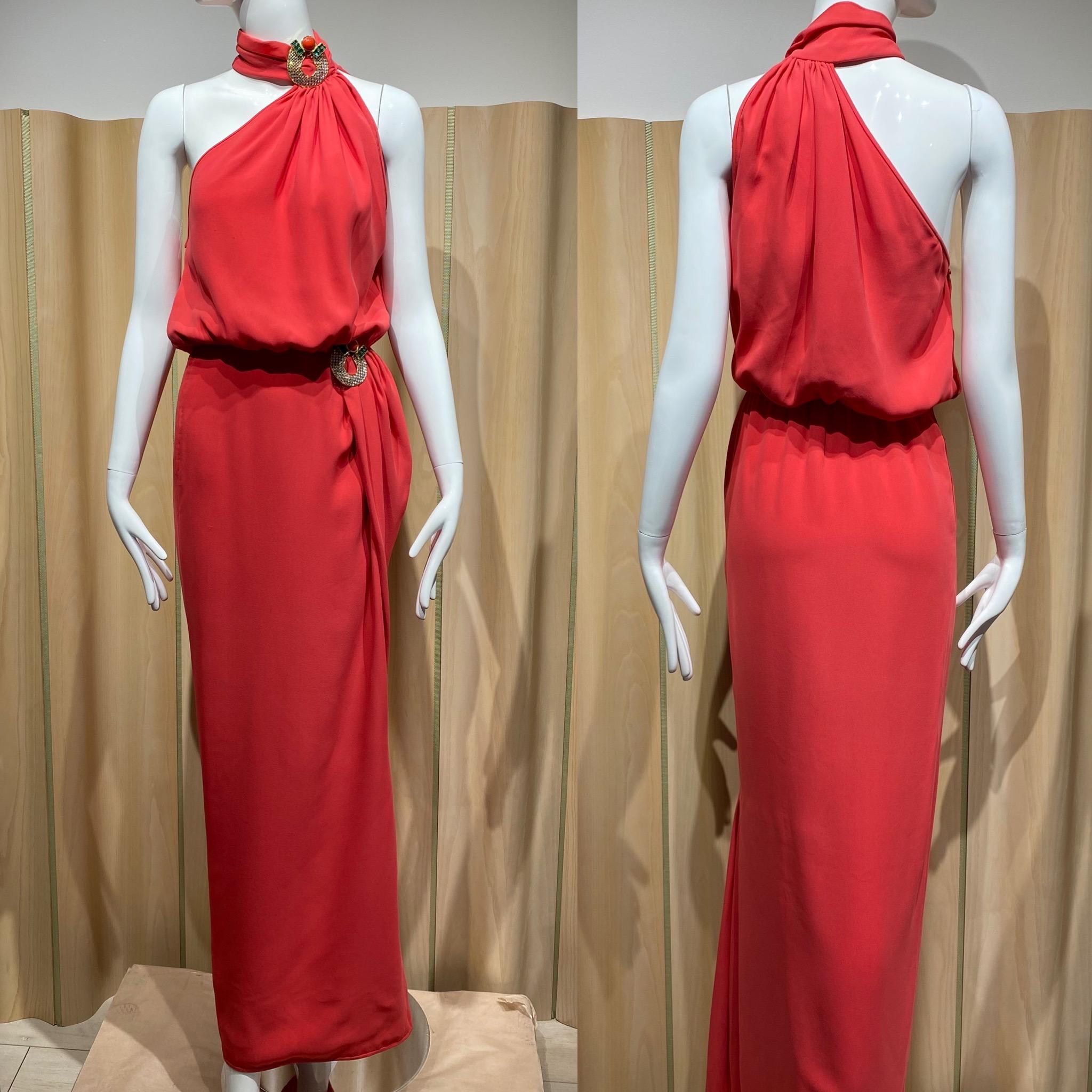 1986 Valentino Red Dress with Jeweled collar For Sale 8