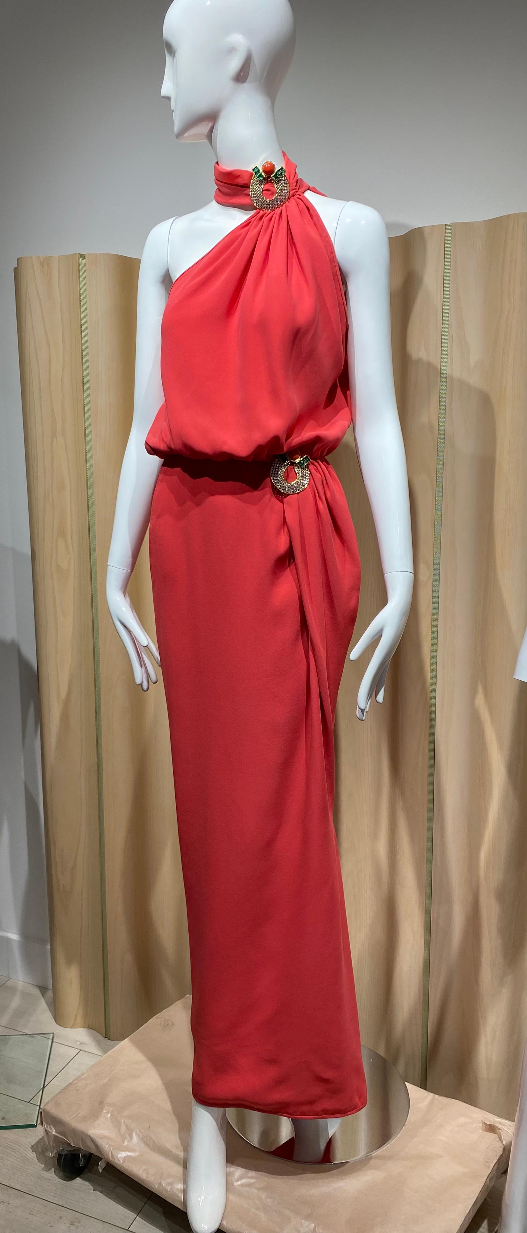 Women's 1986 Valentino Red Dress with Jeweled collar For Sale