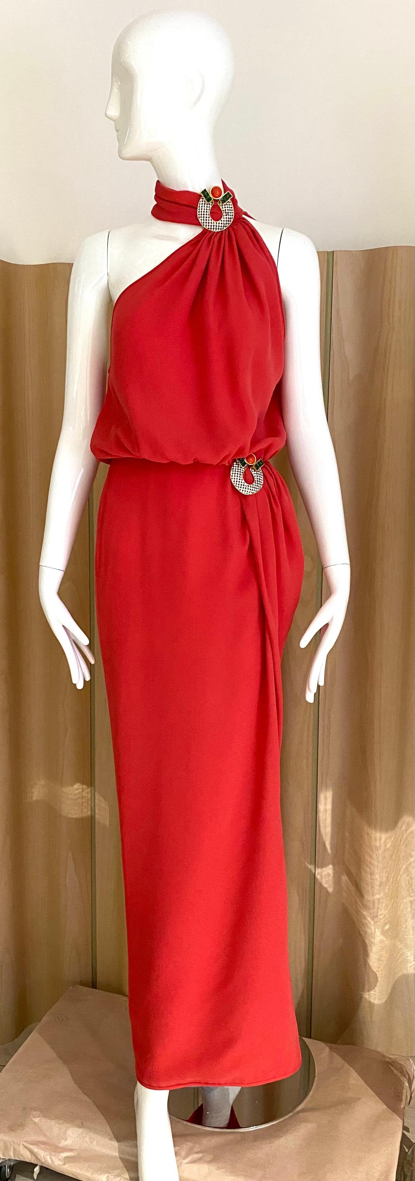 1986 Valentino Red Dress with Jeweled collar For Sale 4