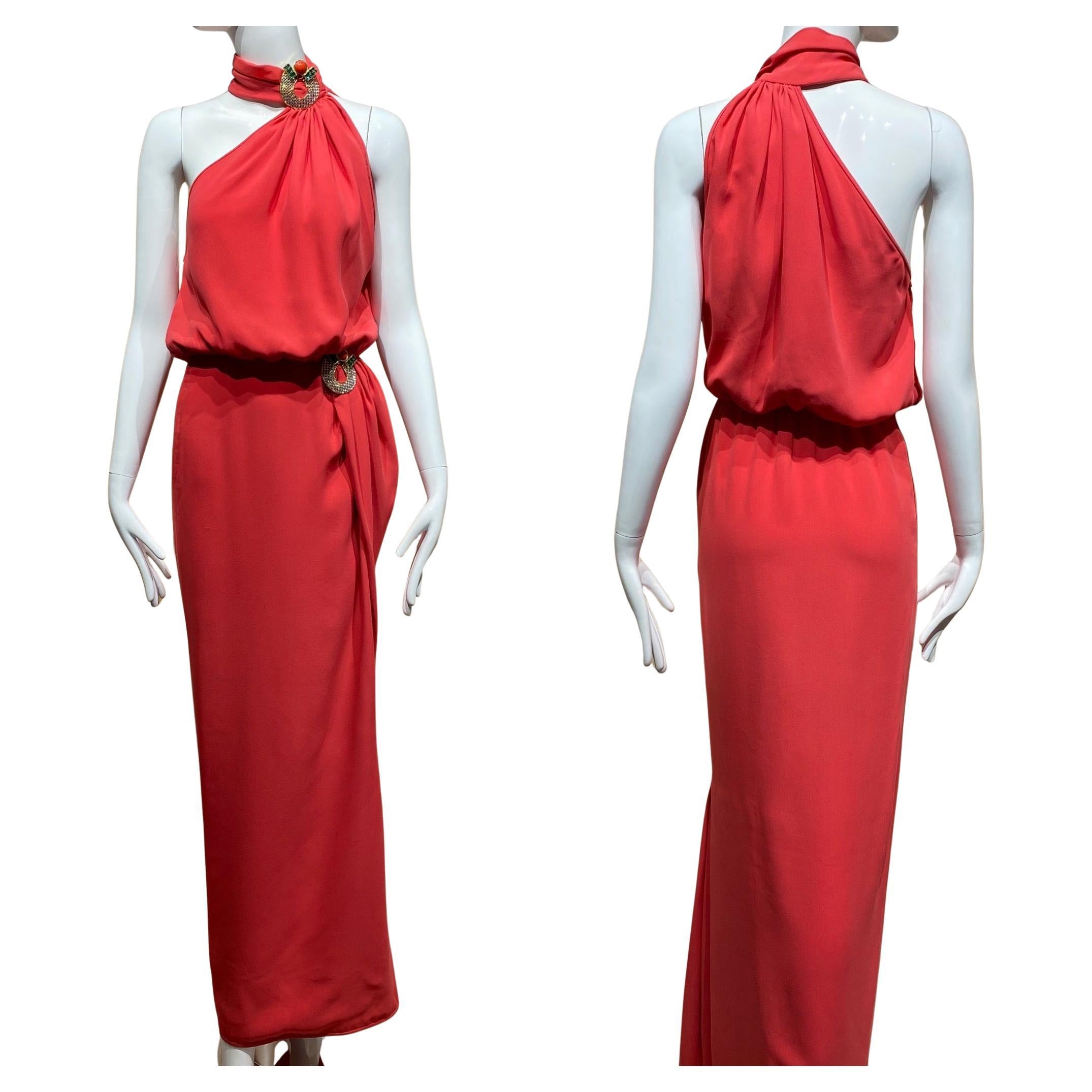 1986 Valentino Red Dress with Jeweled collar For Sale