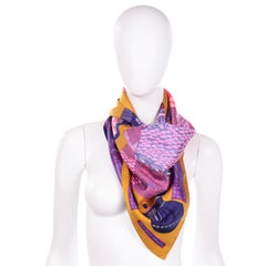 1986 Vintage Hermes Annie Faivre Kimonos Et Inros Gold, Purple & Pink Silk Scarf