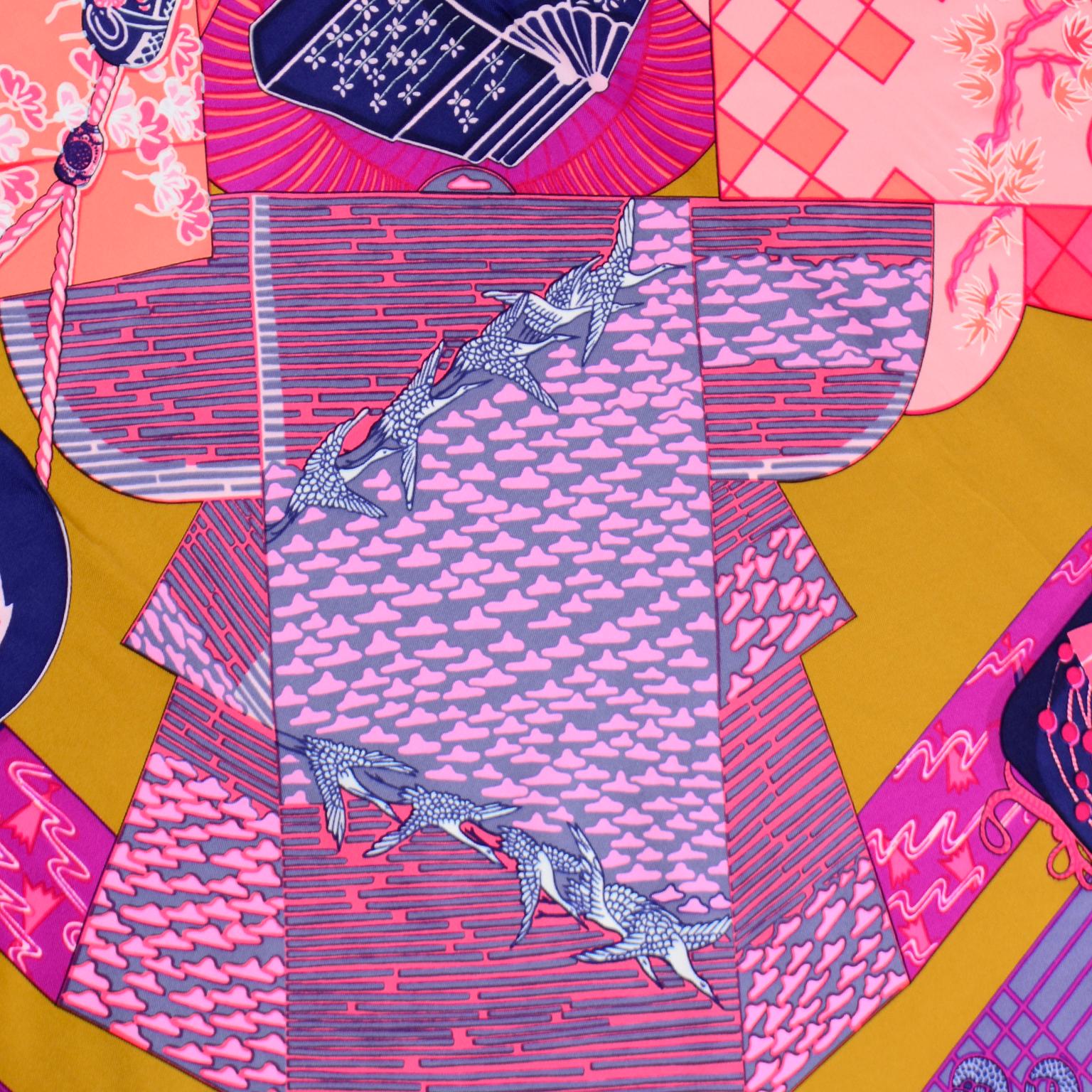 1986 Vintage Hermes Annie Faivre Kimonos Et Inros Gold, Lila & Rosa Seidenschal (Pink)