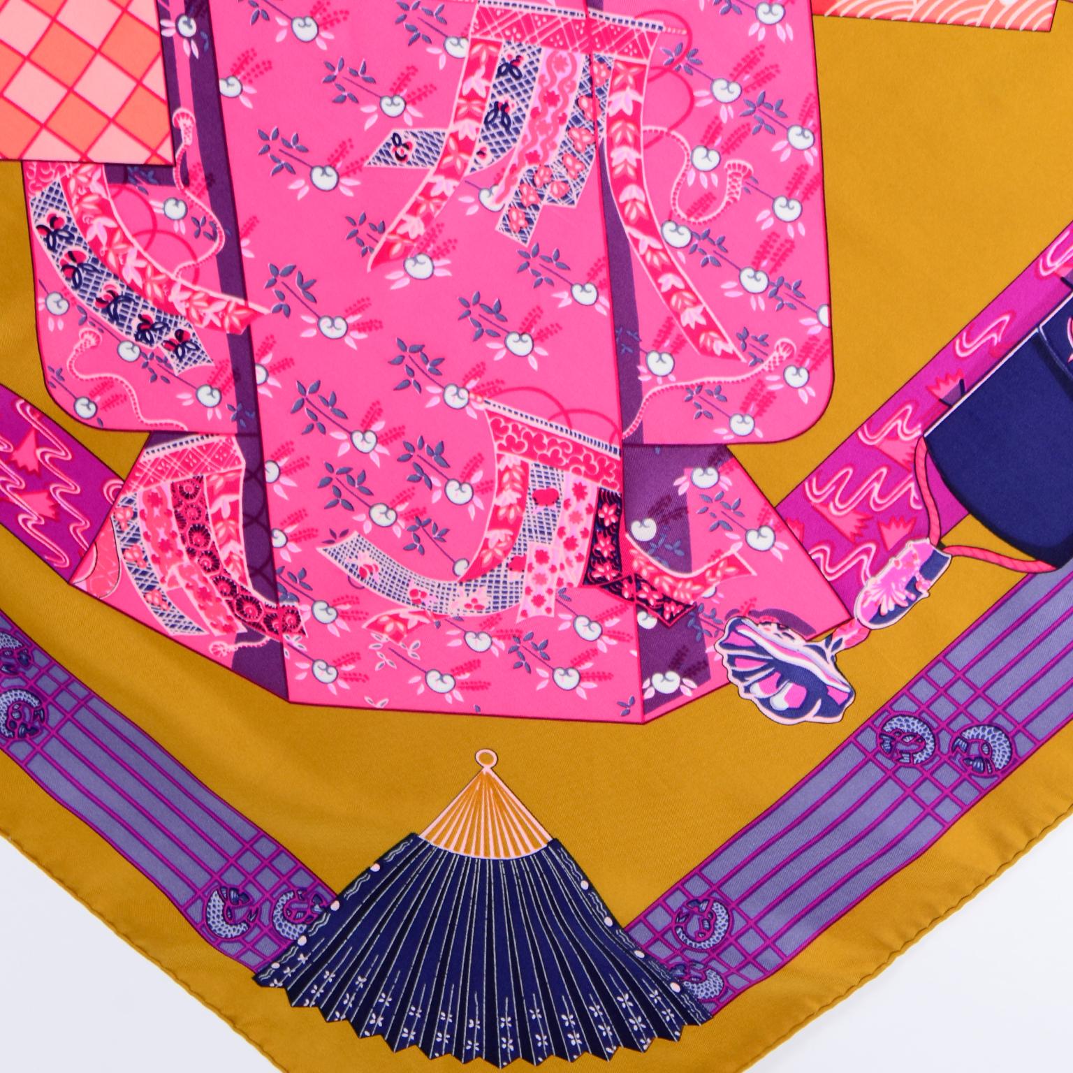 1986 Vintage Hermes Annie Faivre Kimonos Et Inros Gold, Lila & Rosa Seidenschal Damen