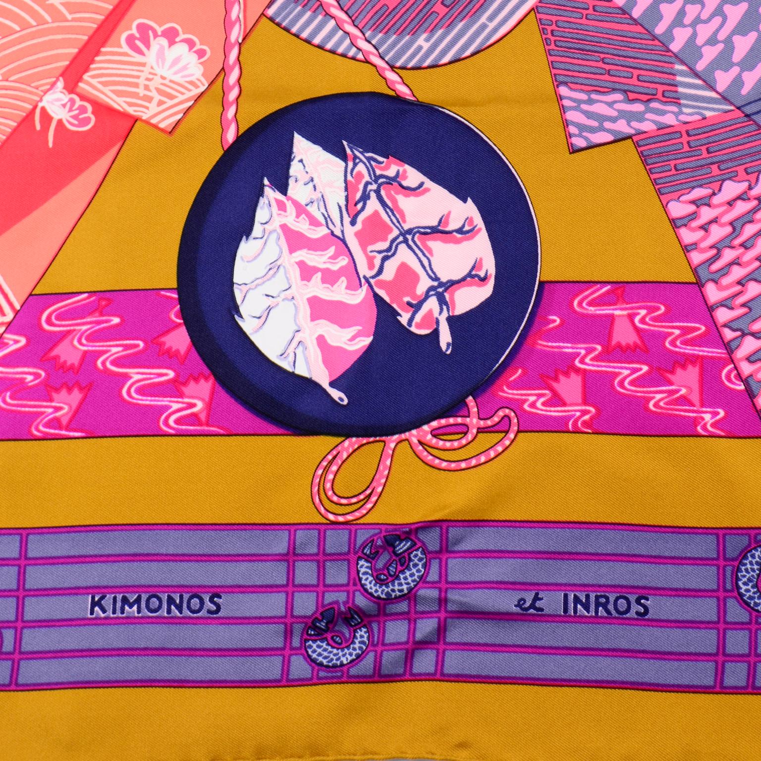 1986 Vintage Hermes Annie Faivre Kimonos Et Inros Gold, Lila & Rosa Seidenschal 4