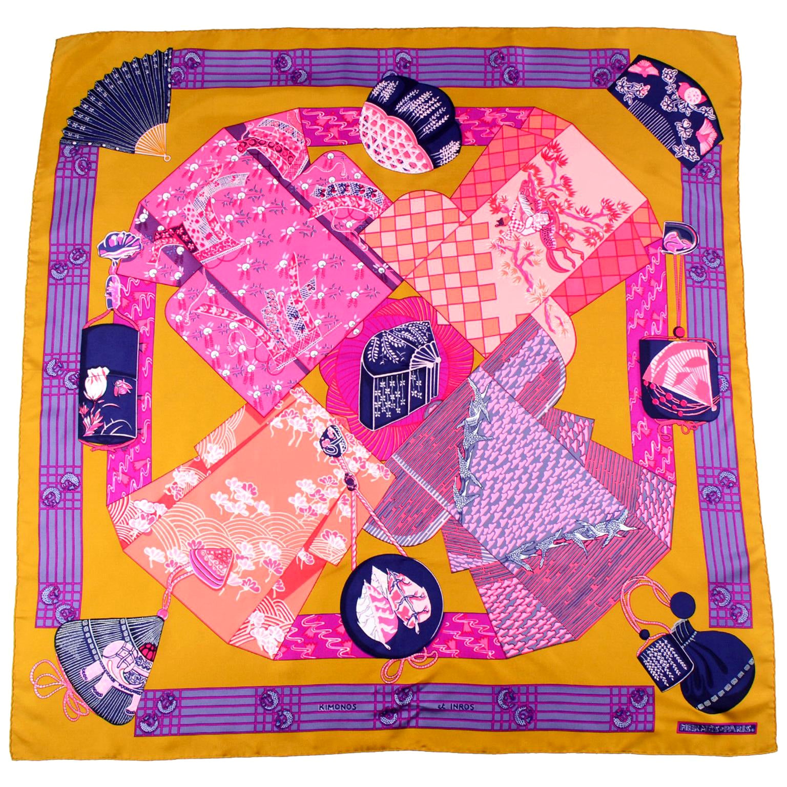 1986 Vintage Hermes Annie Faivre Kimonos Et Inros Gold, Lila & Rosa Seidenschal