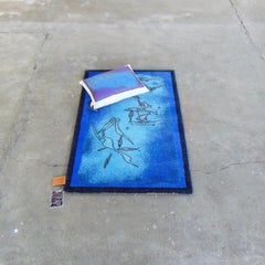 1986 Woollen Blue Rug and Magritte ceci n'est Pas Une Pipe Cushion