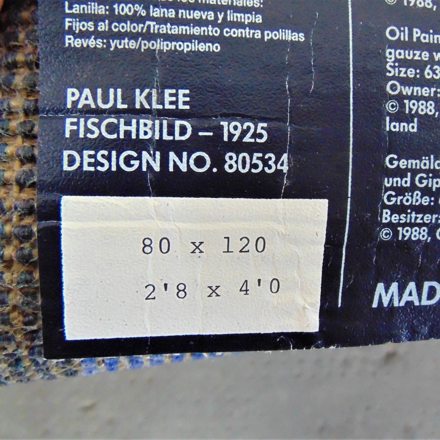 1986 Woollen Blue Rug Paul Klee Fischbild Ege Artline Matching Cushion, Denmark 10