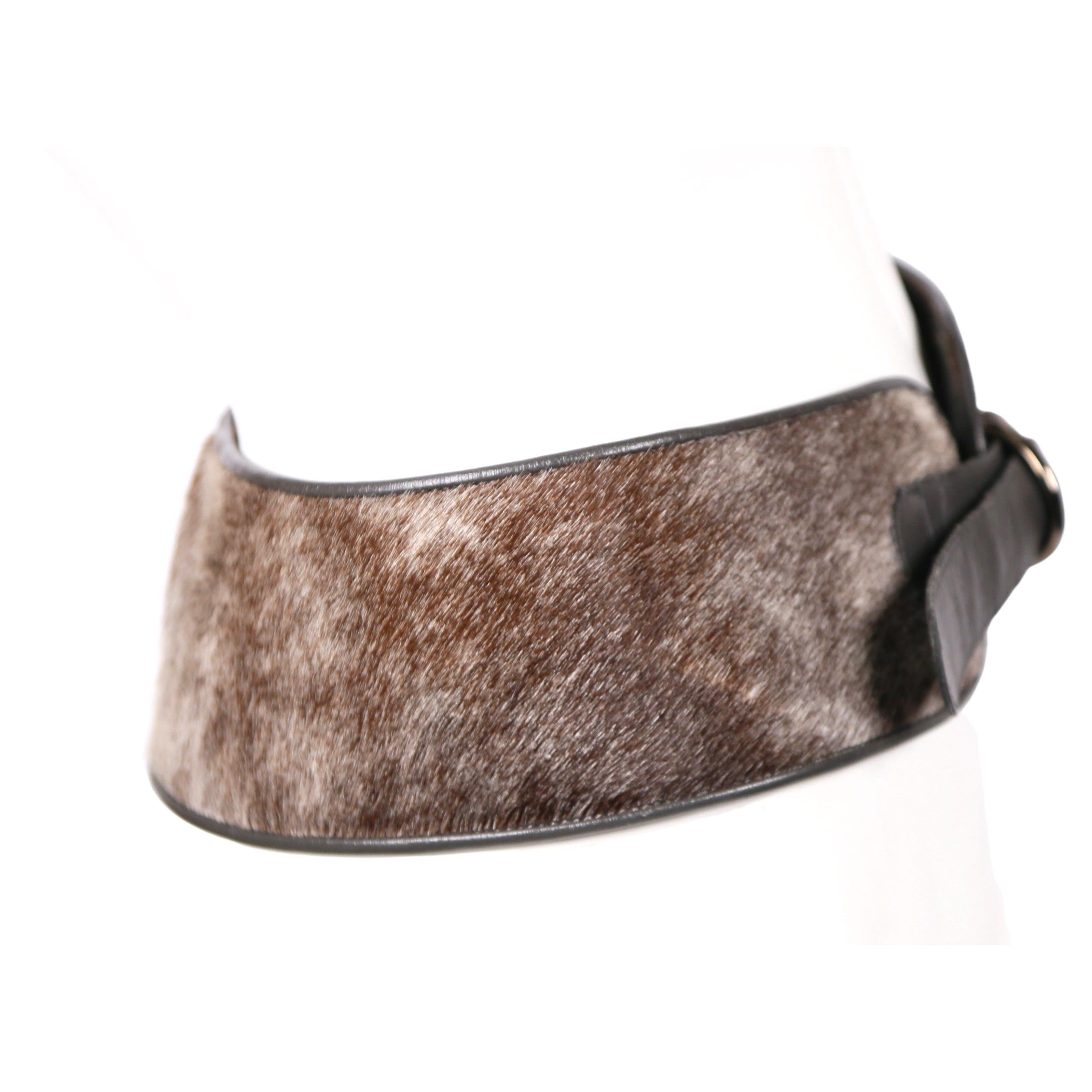 1986 YVES SAINT LAURENT pony fur RUNWAY belt with grey leather trim  In Good Condition For Sale In San Fransisco, CA