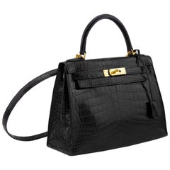 1987 28cm Black Crocodile Kelly Bag