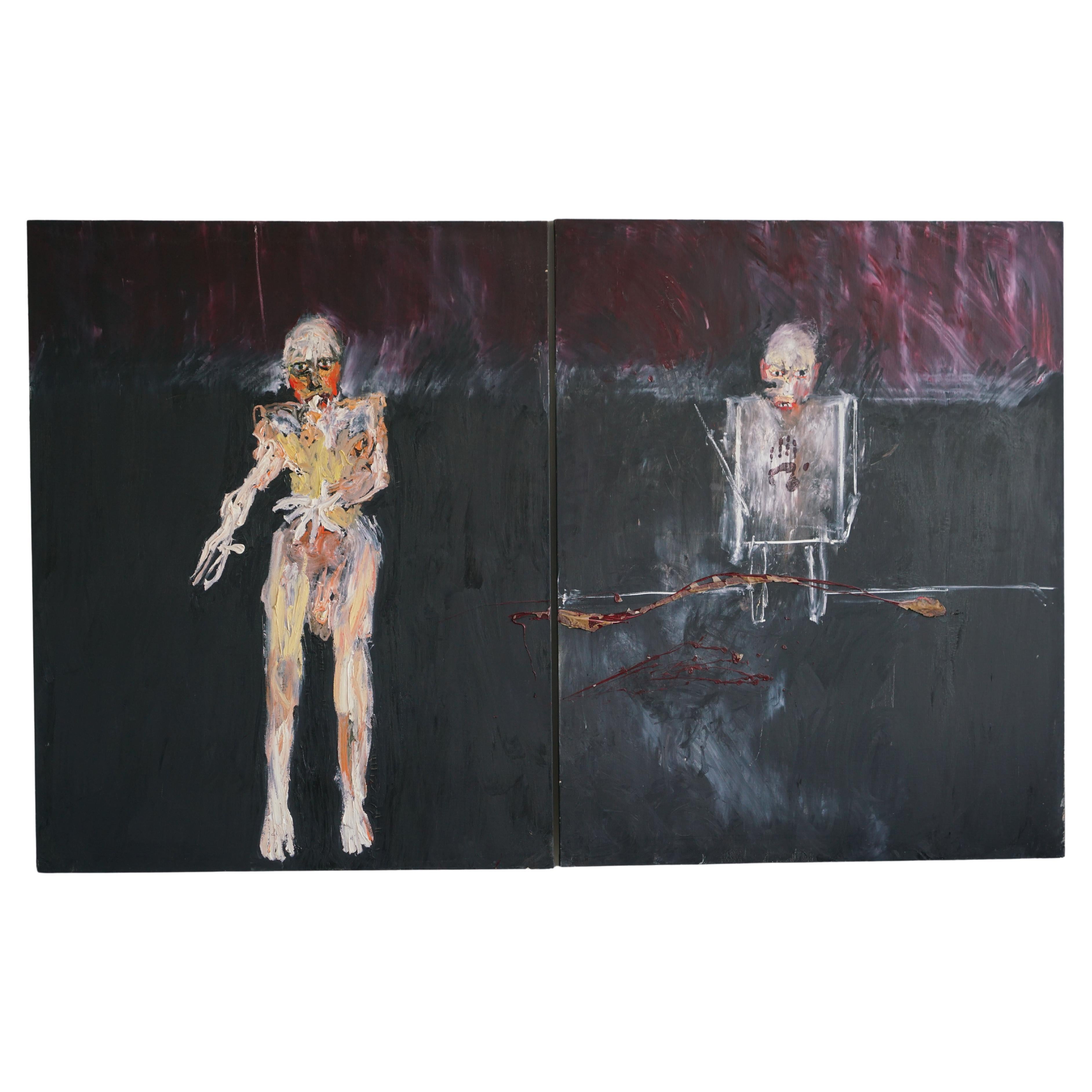 1987 Abstract Figurative Diptych Oil Painting by Michael Hafftka, Set of 2