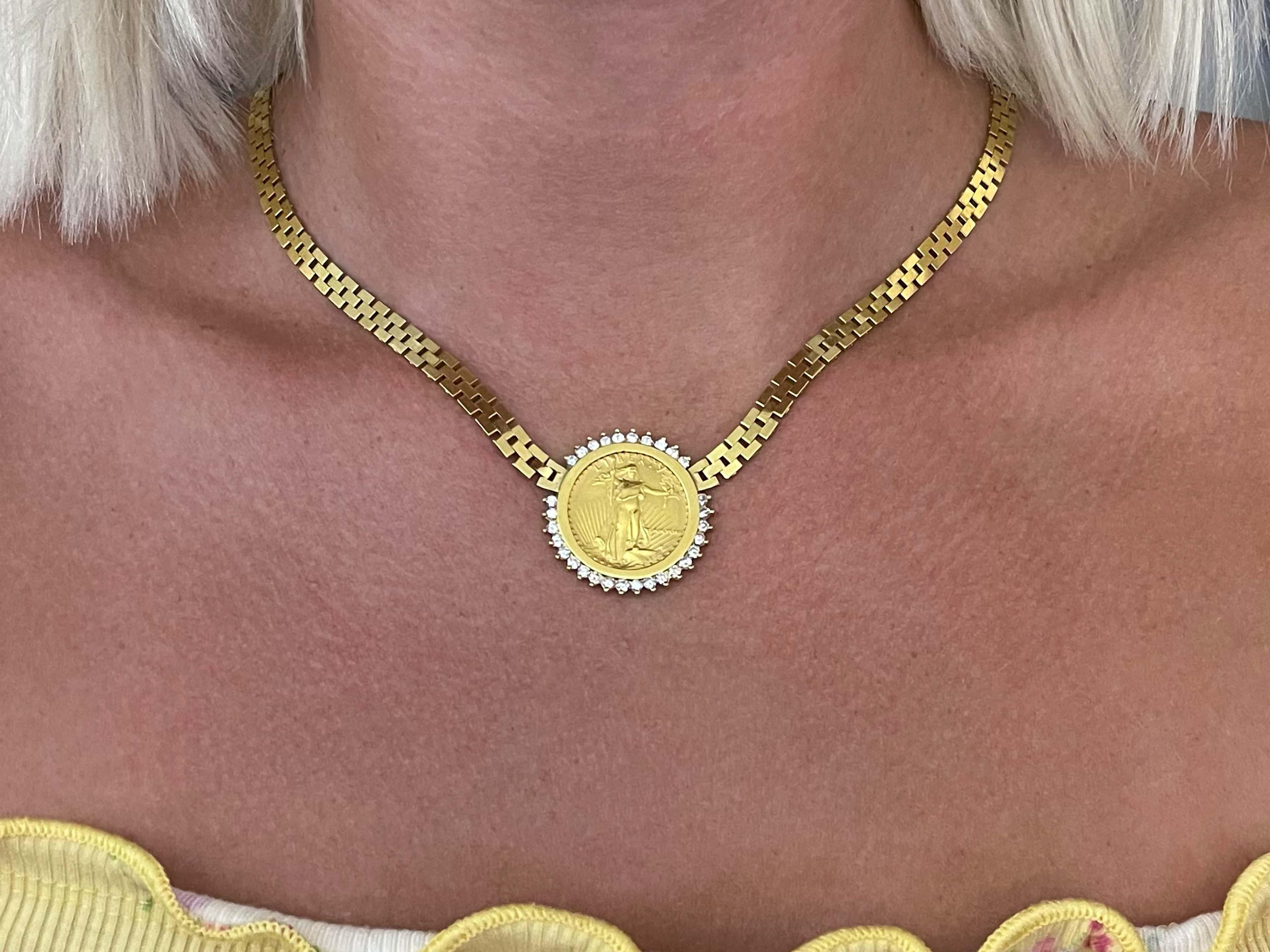 This necklace contains one $10 American Eagle gold coin with 1/4 ounce of pure gold. The coin is set in a 18K gold diamond bezel. The diamonds weigh ~1.00 carats and are G-H, VS2. The pendant is 28mm in diameter and the chain is 14