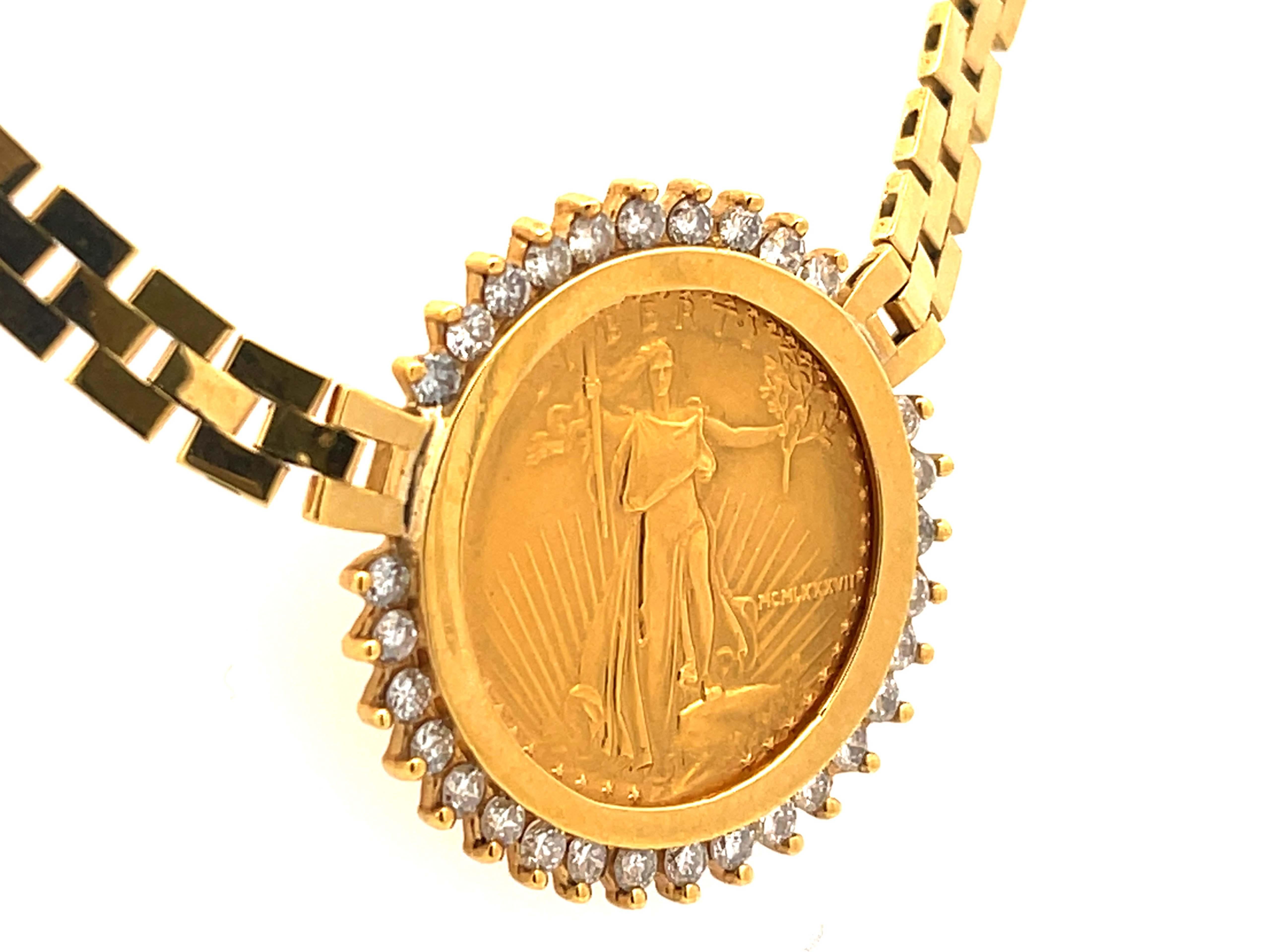 gold coin pendant with diamond bezel