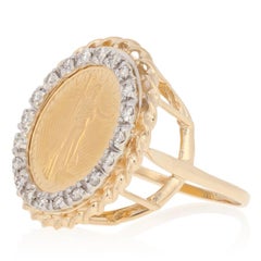 1987 American Eagle $5 Coin Ring, 14k and 22 Karat Gold Diamond Halo .30 Carat