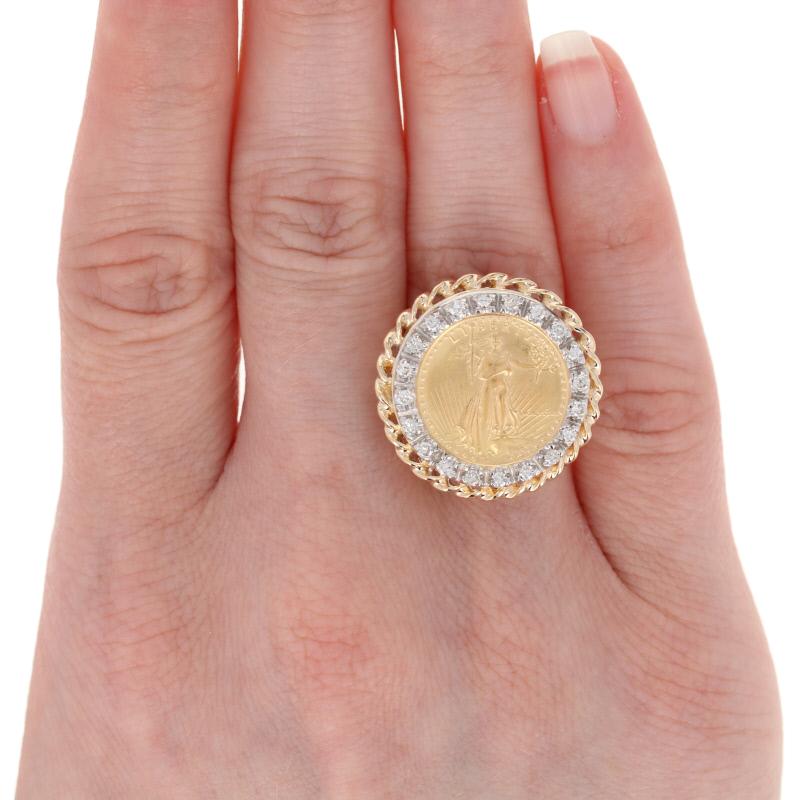 Women's or Men's 1987 American Eagle $5 Coin Ring, 14k and 22k Yellow Gold Diamond Halo .30 Carat