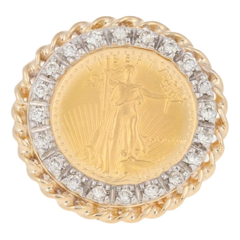 1987 American Eagle $5 Coin Ring, 14k and 22 Karat Gold Diamond Halo .30 Carat