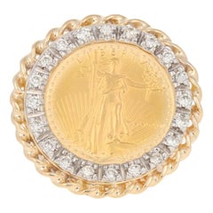 1987 American Eagle $5 Coin Ring, 14k and 22k Yellow Gold Diamond Halo .30 Carat
