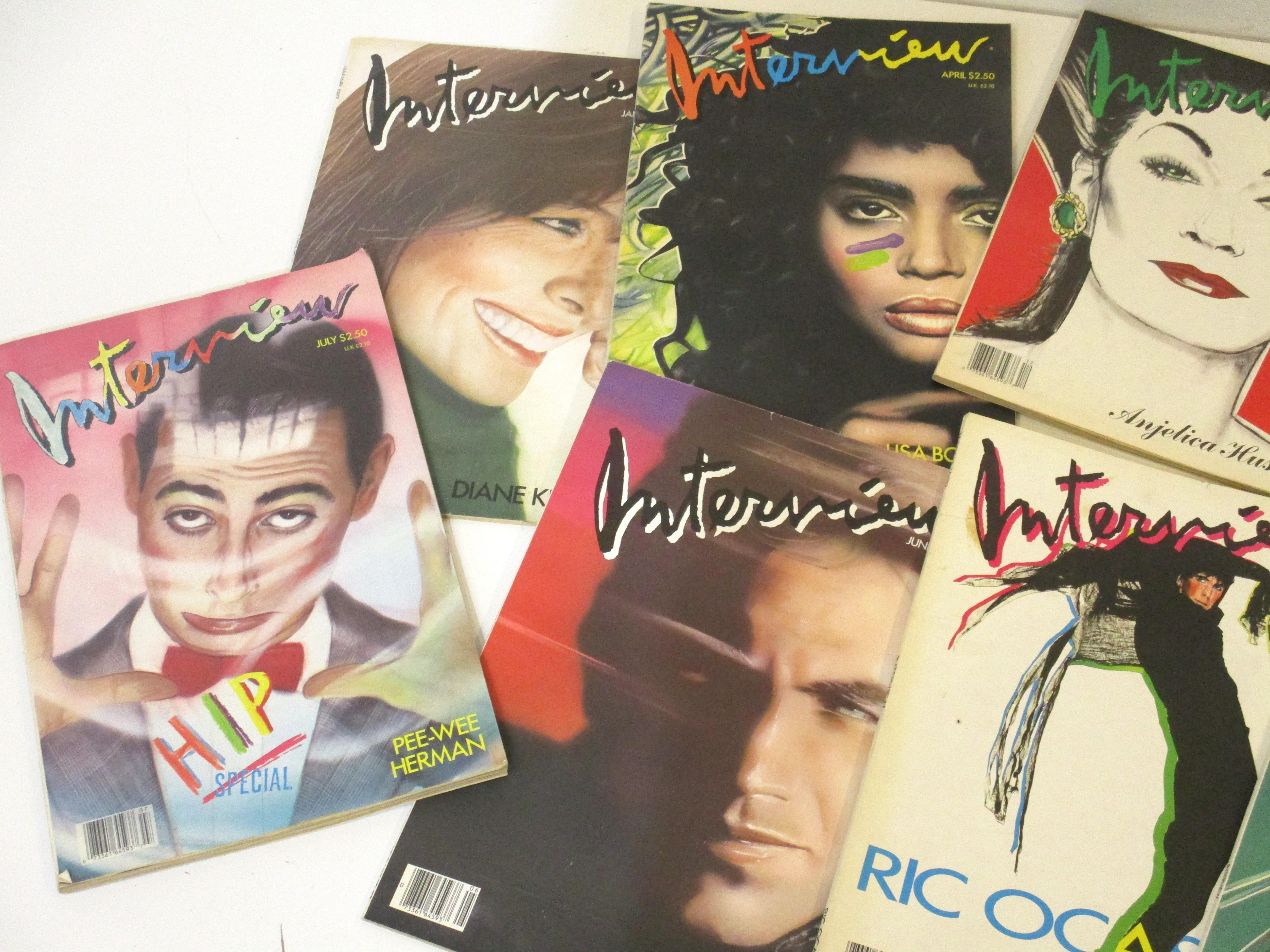 A collection of eight iconic interview magazines published by Andy Warhol with many portrait covers by artist Richard Bernstein.These pieces are a history of art, fashion, photography and stories depicting the go go era of the 1980s with great