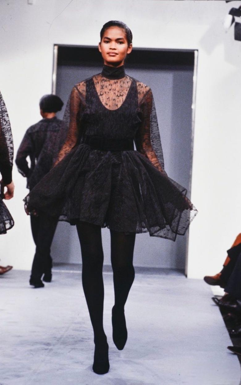 Women's 1987 AZZEDINE ALAIA black textured net RUNWAY button up shirt For Sale