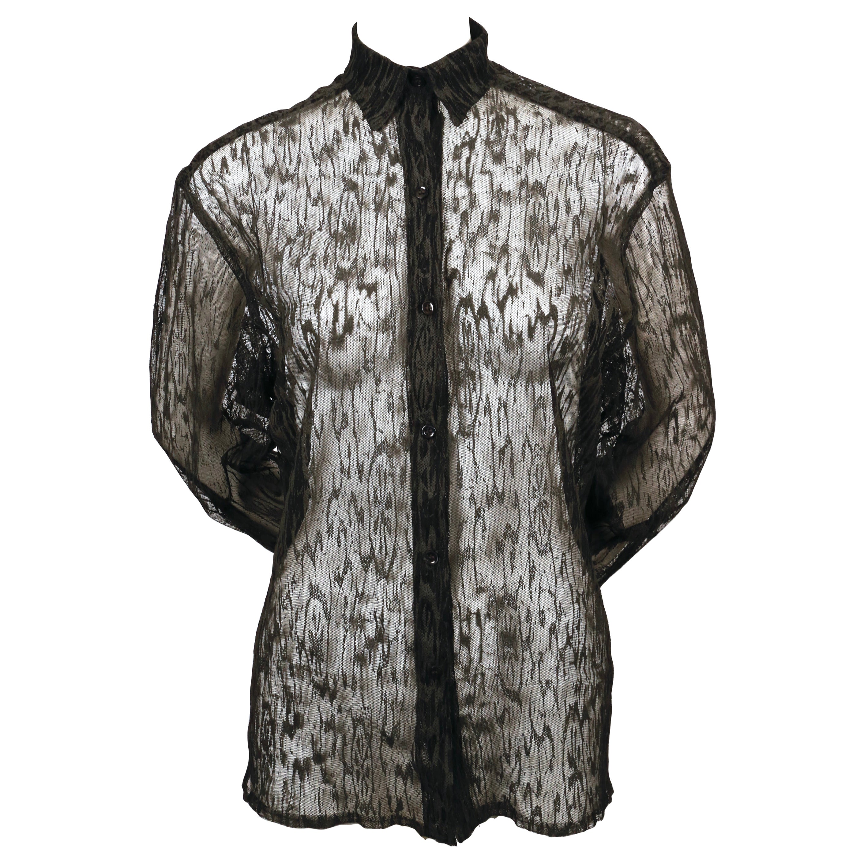 1987 AZZEDINE ALAIA black textured net RUNWAY button up shirt For Sale