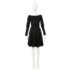 1987 AZZEDINE ALAIA black wool RUNWAY dress with off the shoulder neckline M/L