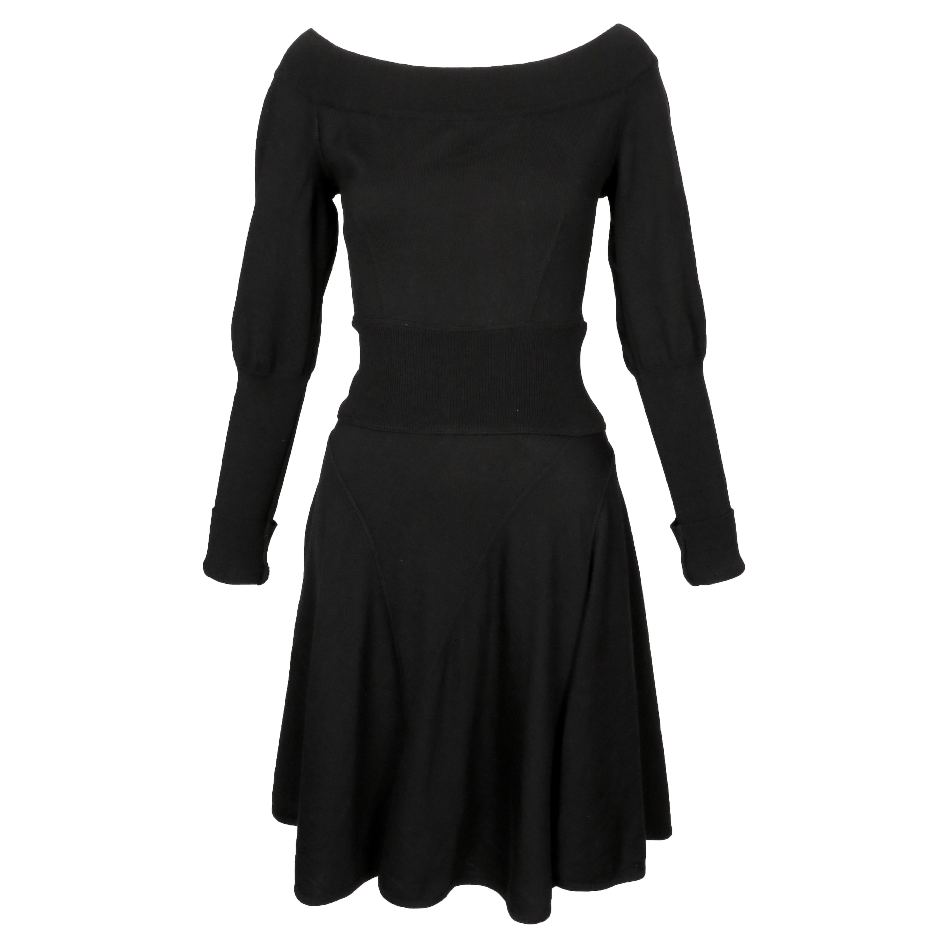 1987 AZZEDINE ALAIA black wool RUNWAY dress with off the shoulder neckline M/L