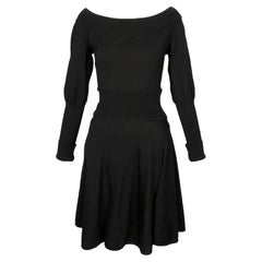 1987 AZZEDINE ALAIA black wool RUNWAY dress with off the shoulder neckline M/L