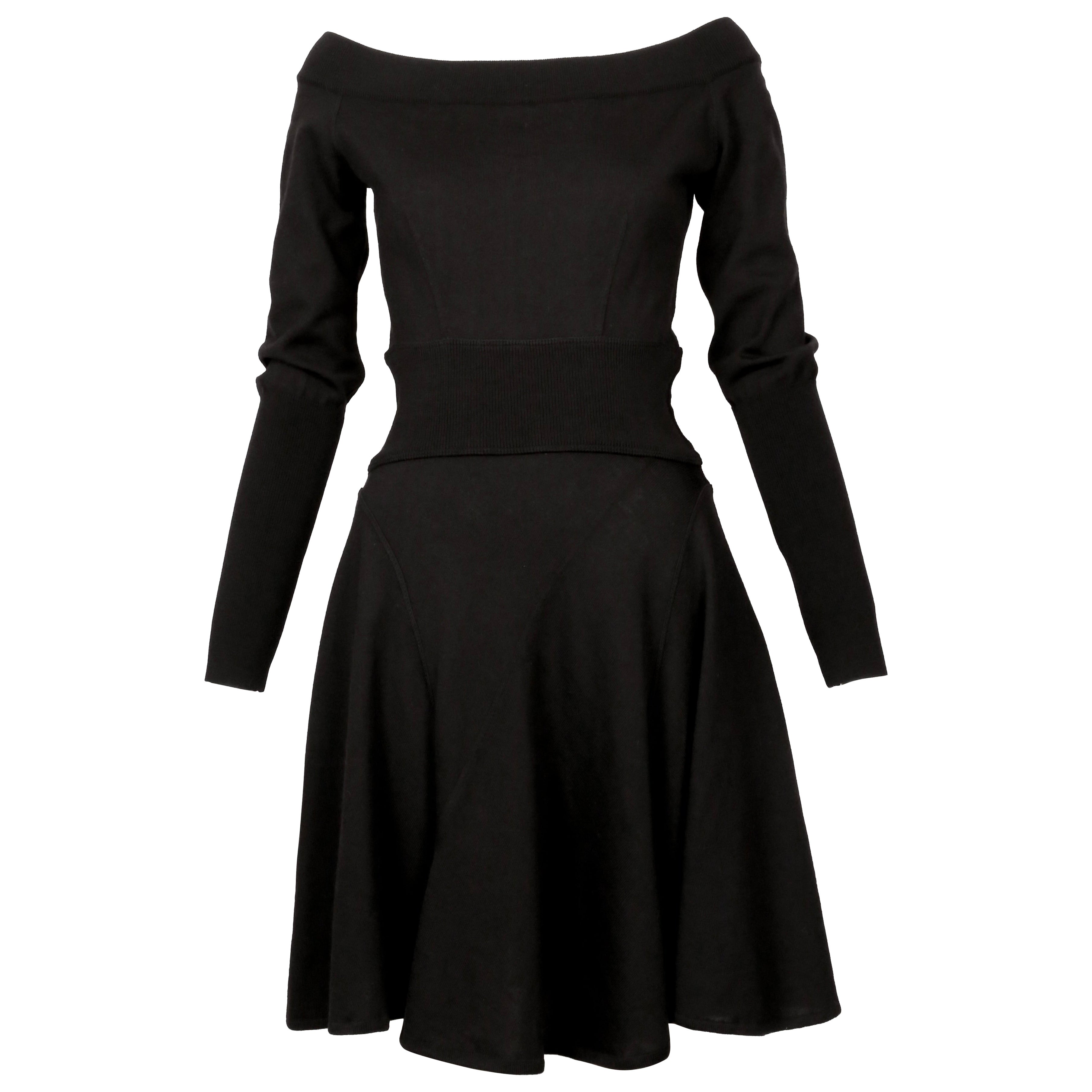 1987 AZZEDINE ALAIA black wool RUNWAY dress with off the shoulder neckline M