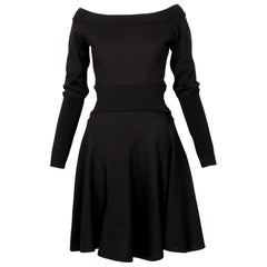 1987 AZZEDINE ALAIA black wool RUNWAY dress with off the shoulder neckline M
