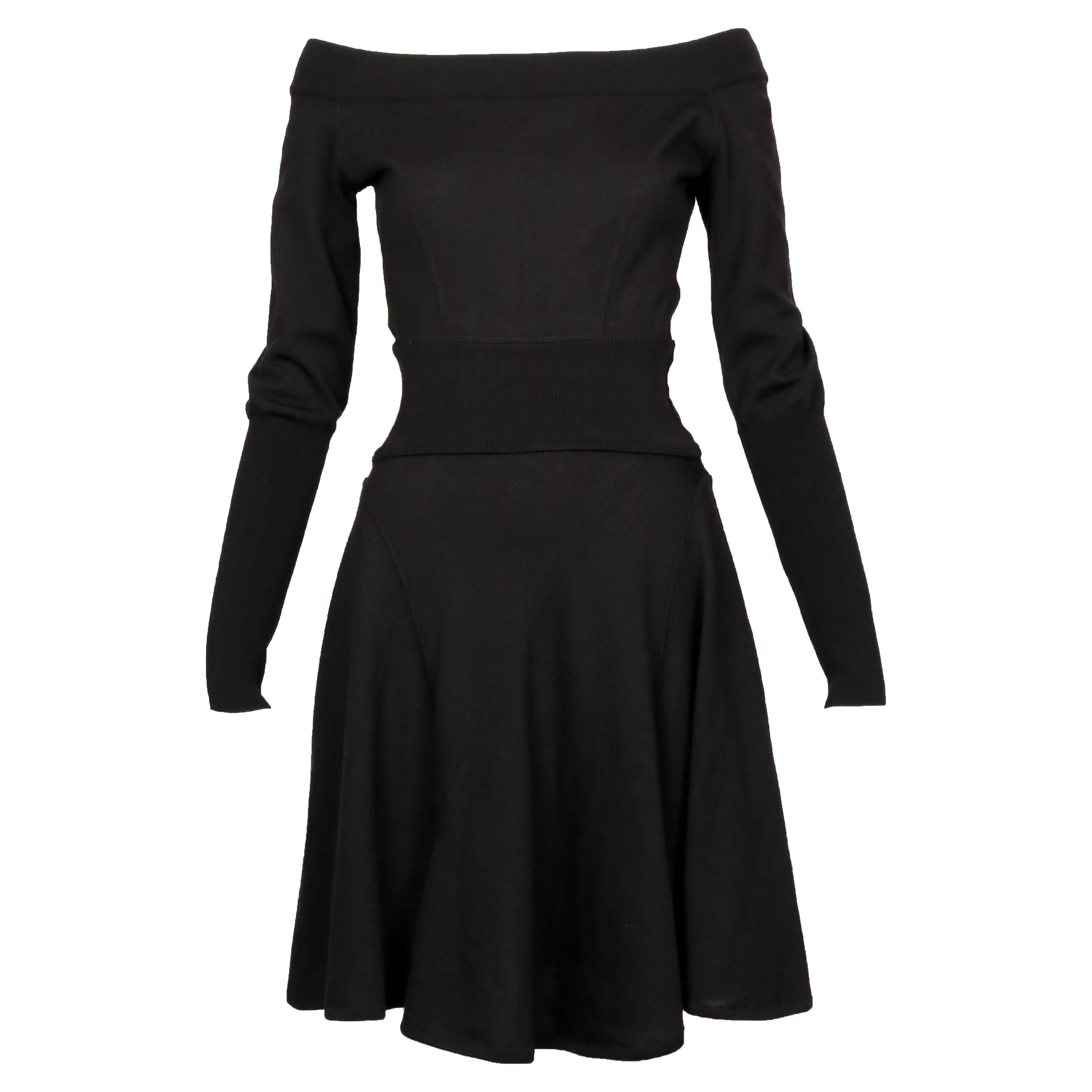 1987 AZZEDINE ALAIA black wool RUNWAY dress with off the shoulder neckline S/M