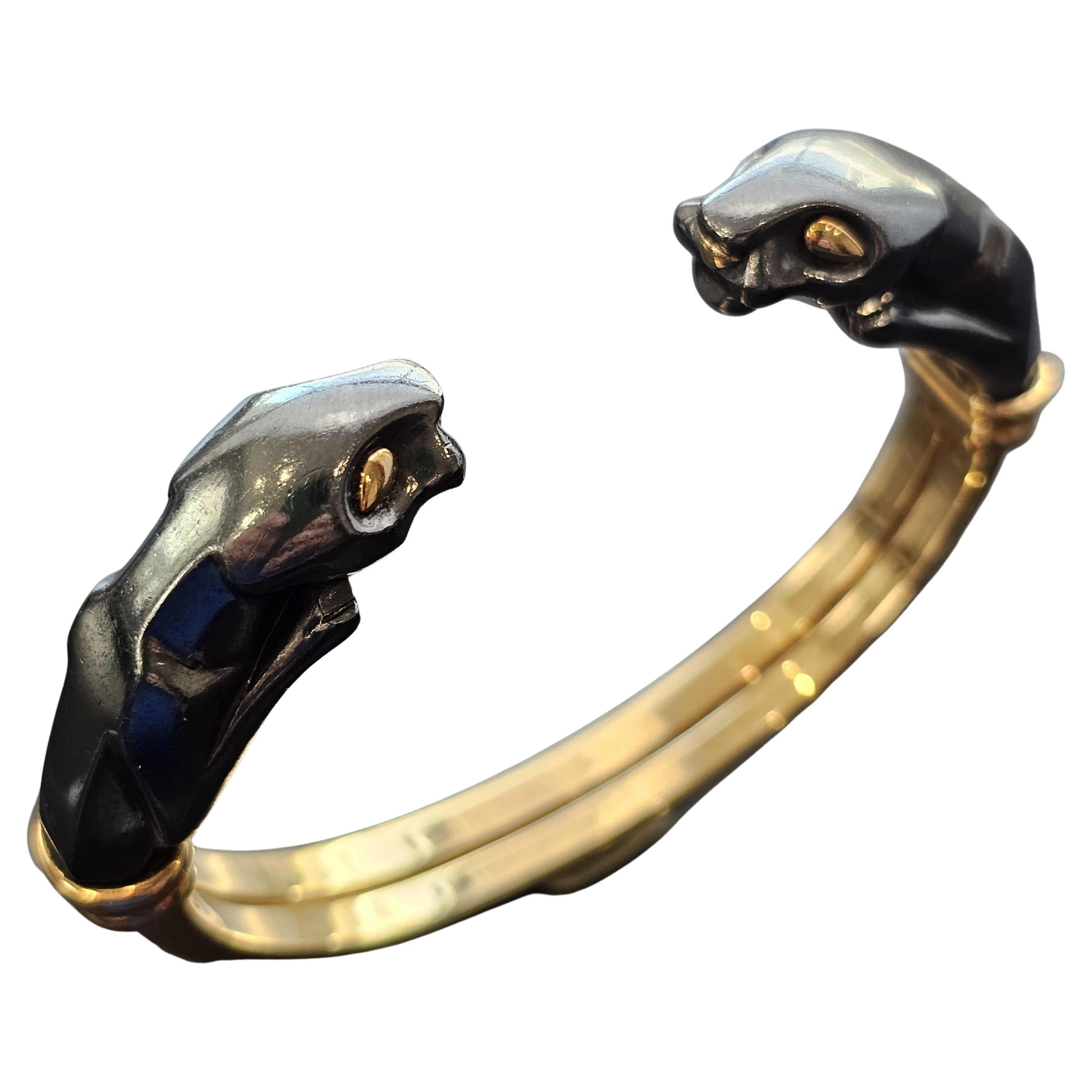 1987 Cartier 18k Gelbgold Silberium Double Panthere Manschettenarmband Zertifikat im Angebot