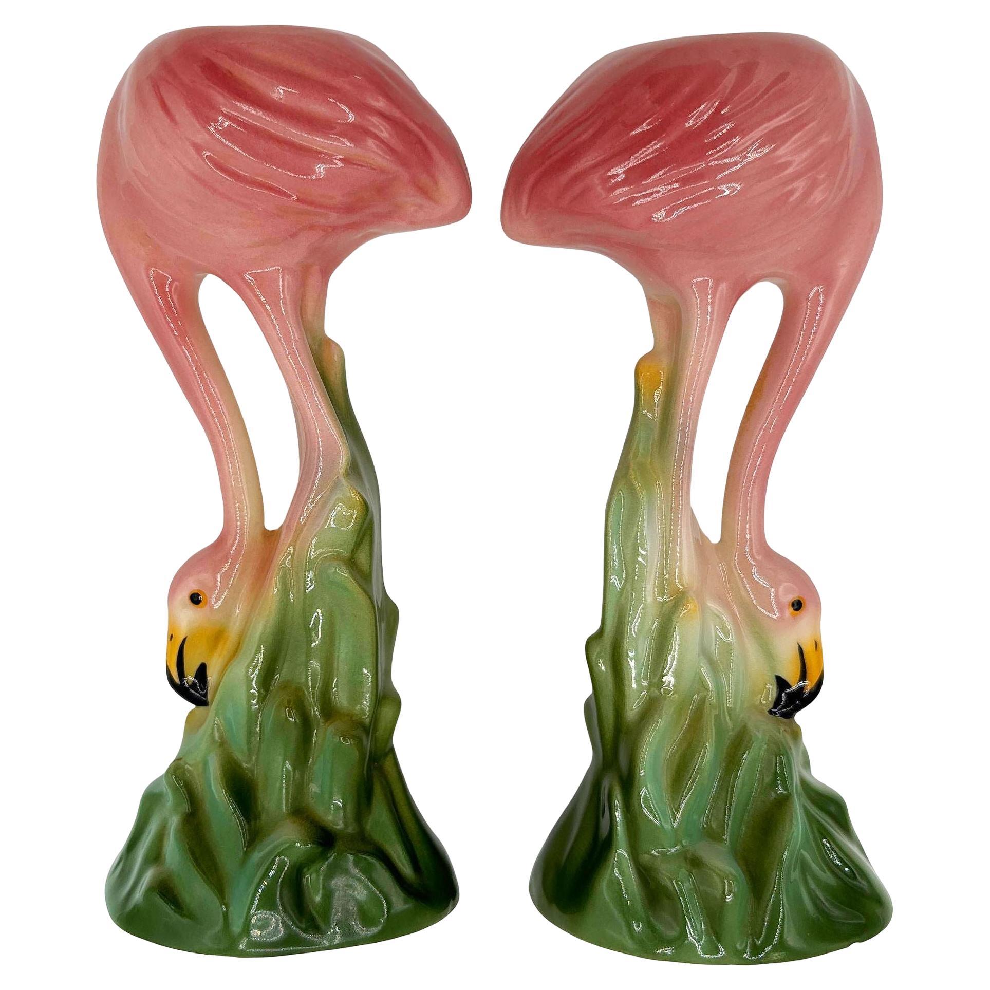 1987 Ceramic Flamingo Tropical Candle Holder Pair by Ronnie's Ceramic Company