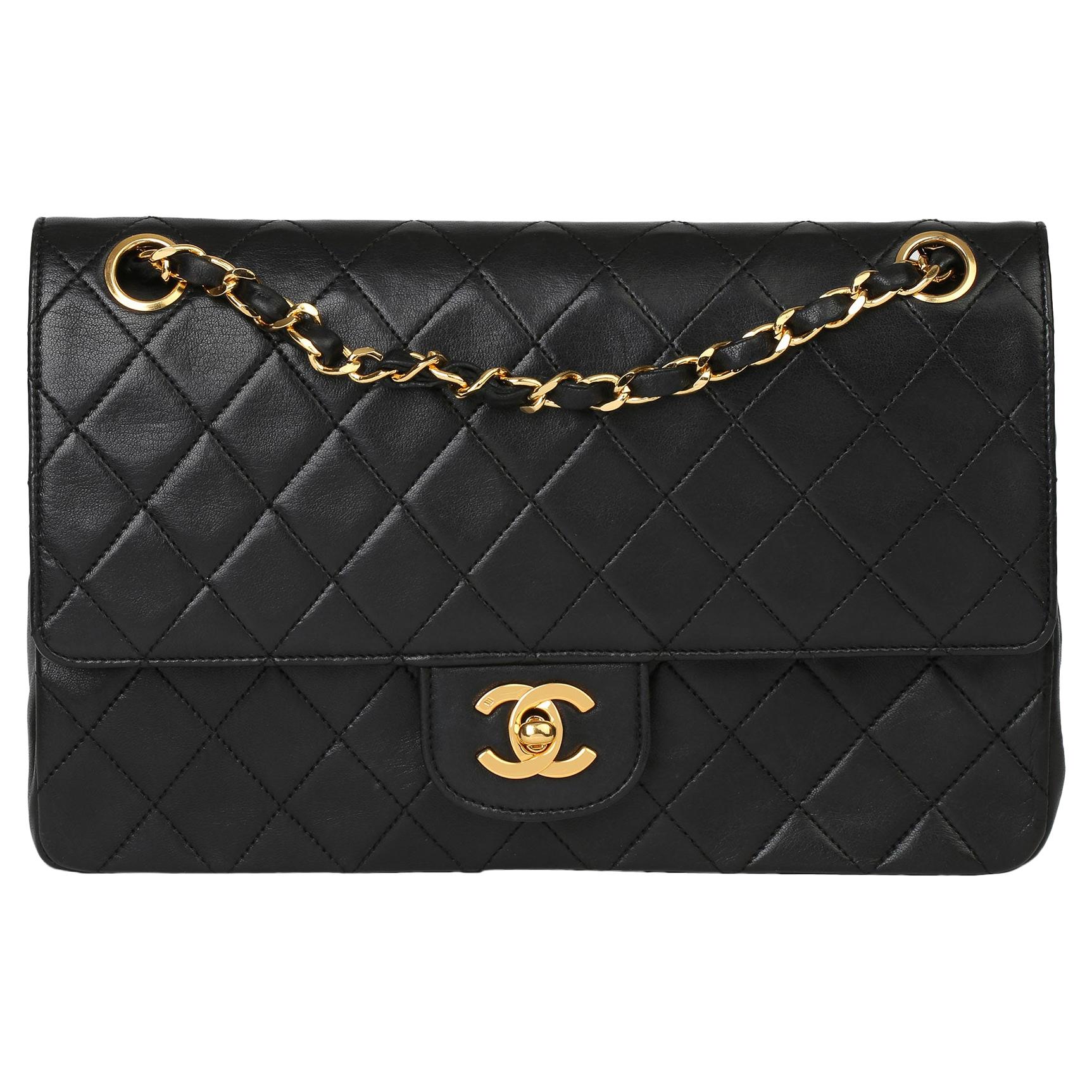1987 Chanel Black Quilted Lambskin Vintage Medium Classic Double