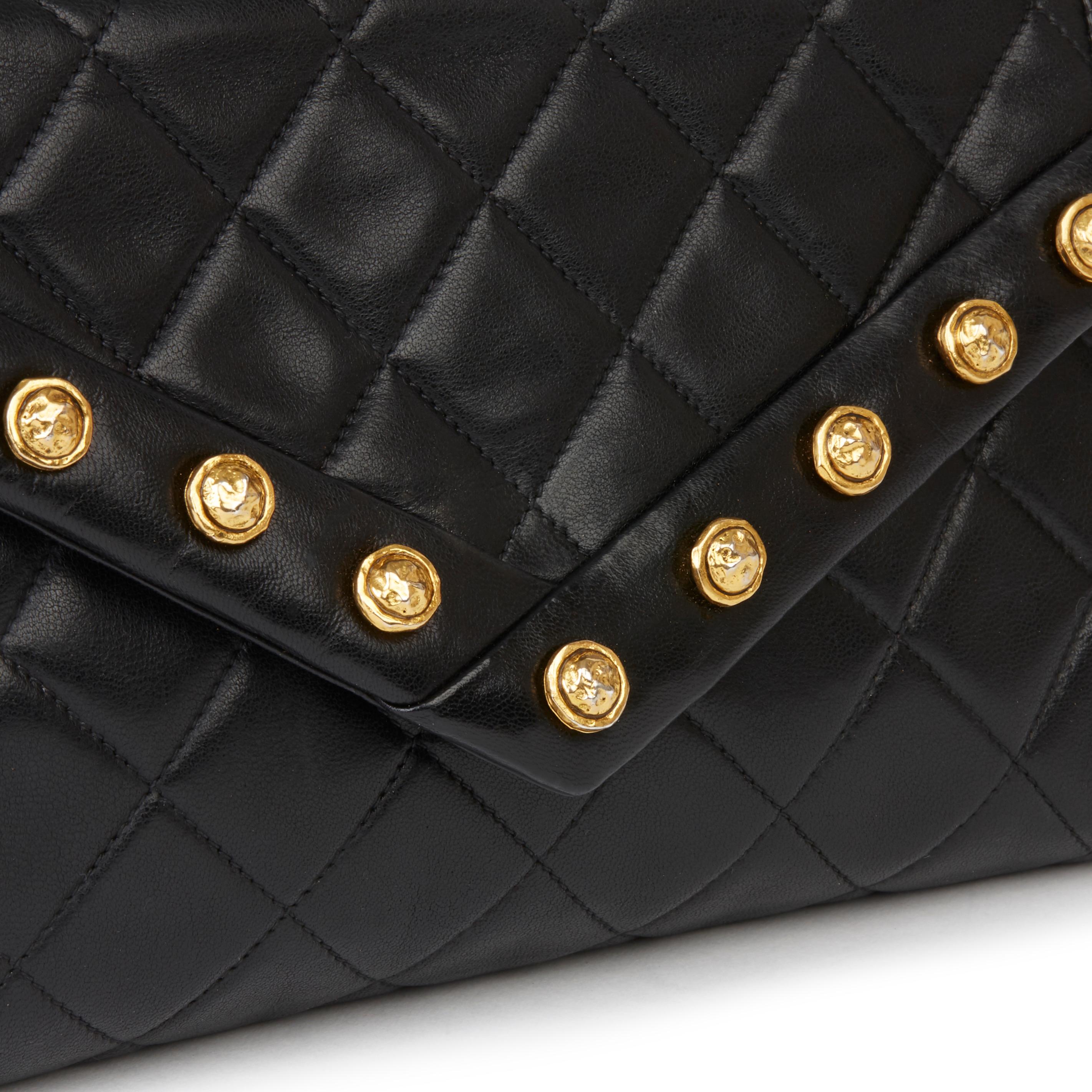 Women's 1987 Chanel Black Quilted Lambskin Vintage Studded Envelope Single Flap Bag