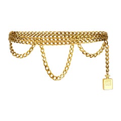 1987 Chanel Gold Double Chain Strand Belt with Perfume Bottle Charm