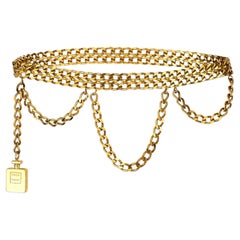 1987 Chanel Gold Double Chain Strand Belt with Perfume Bottle Charm